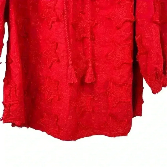 Chico's Women's Embroidered Stars Peasant Top Blouse Red Size 6 Casual - Picture 7 of 9